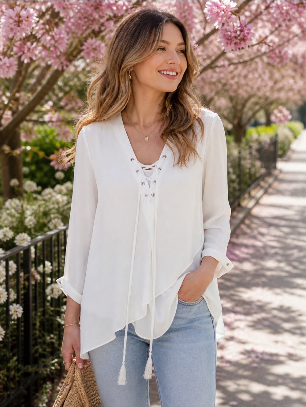 Joseph Ribkoff Ivory Lace-Up V‑Neck Draped Blouse